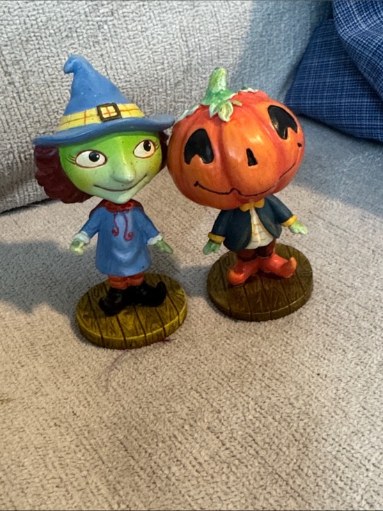 Vintage Other - Vintage Halloween Pumpkin-Head & Witch Figurine Duo - Orange, Blue, Green